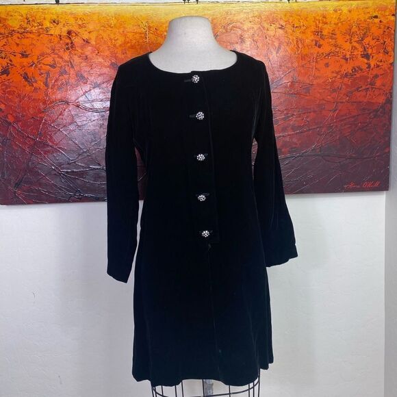 Black Velvet Vintage Dress 9 long sleeve above the knee w/rhinestones bu… - Picture 6 of 13